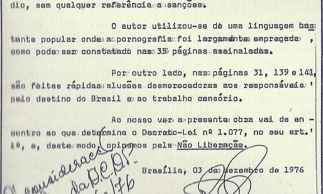 
Reprodução de documento em que livro de Rubem Fonseca é censurado pela ditadura
