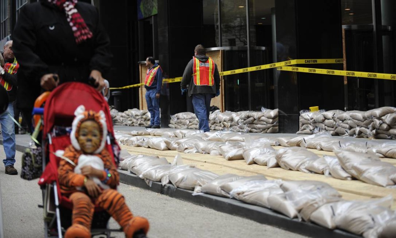 Sacos de areia são colocados no Battery Park, antes da chegada do furacão Foto: AP