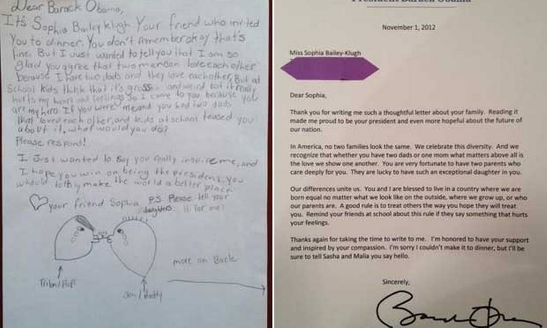 
A carta de Sophia a resposta de Obama
Foto: Reprodução