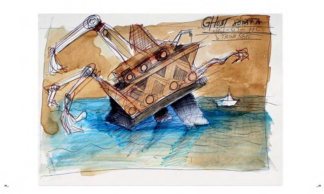 
O desenho para o cenário da futura “Ghost sonata” (no alto) e a ilustração para o “New York Times” (à esquerda) estão no livro “Arranhando a superfície”: lançamento na terça
Foto: Reproduções