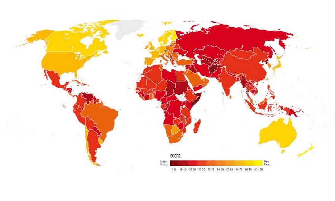 
Mapa: Quanto mais vermelho o país, maior a percepção de corrupção.
Foto: Transparência Internacional / Reprodução