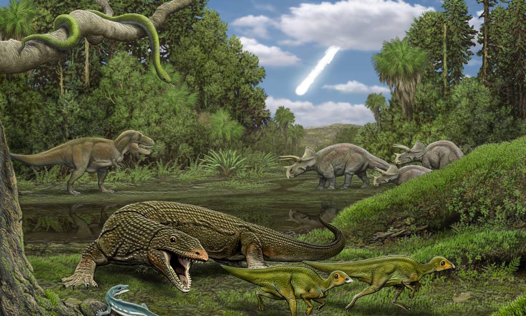 
Ilustração mostra dinossauros, lagartos e cobras, entre eles o Obamadon (em primeiro plano) que habitavam a Terra no Cretáceo e foram dizimados pelo impacto de um asteroide, visto ao fundo
Foto: Carl Buell