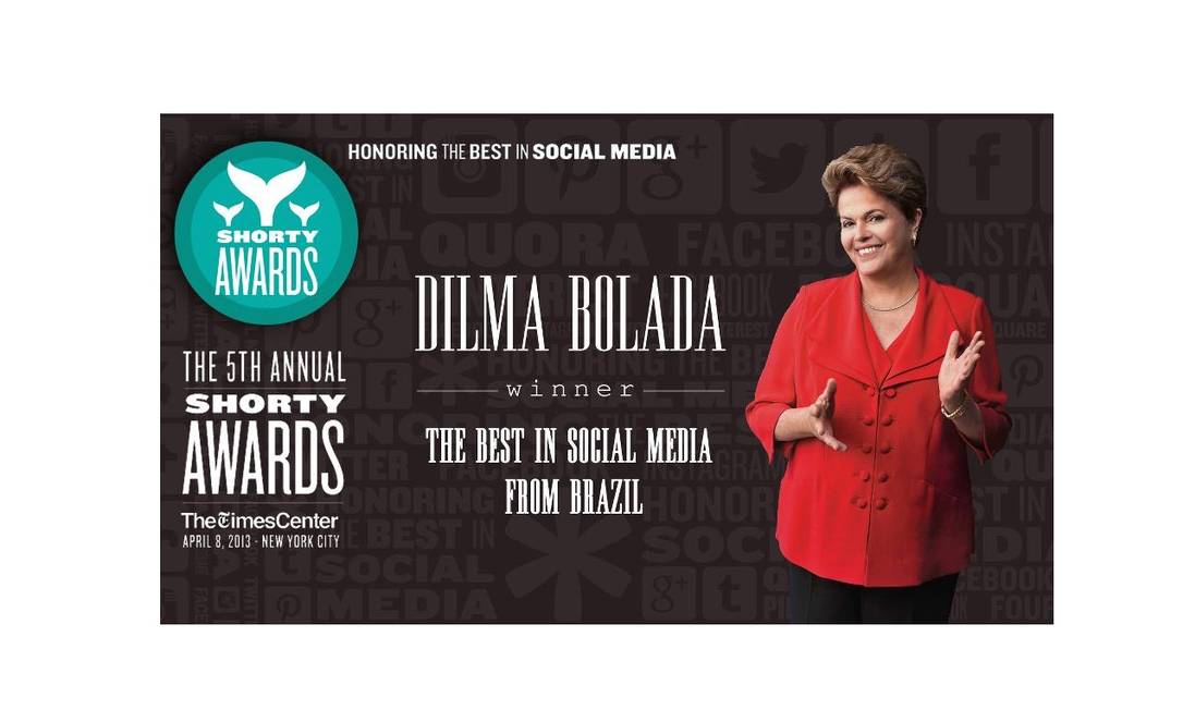 
No segundo ano consecutivo, perfil “Dilma Bolada” ganhaprêmio Shorty Awards, o Oscar das mídias sociais
Foto: Divulgação