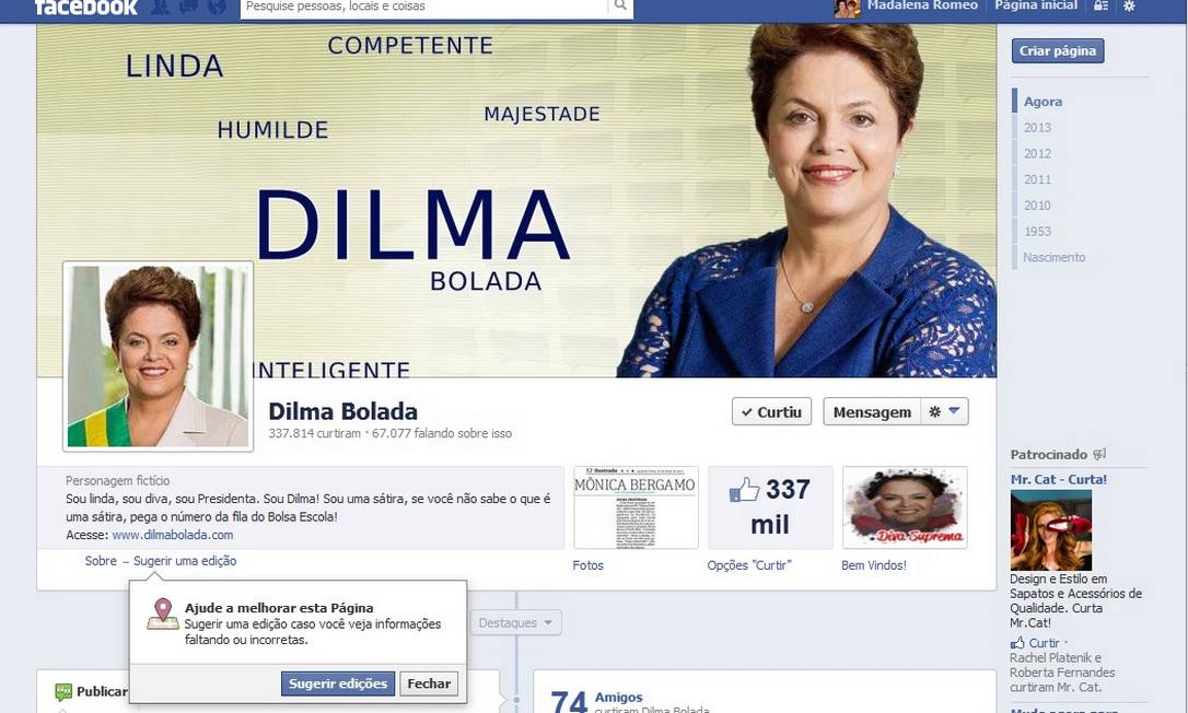 
Perfil de Dilma Bolada no Facebook
Foto:
/
Reprodução internet
