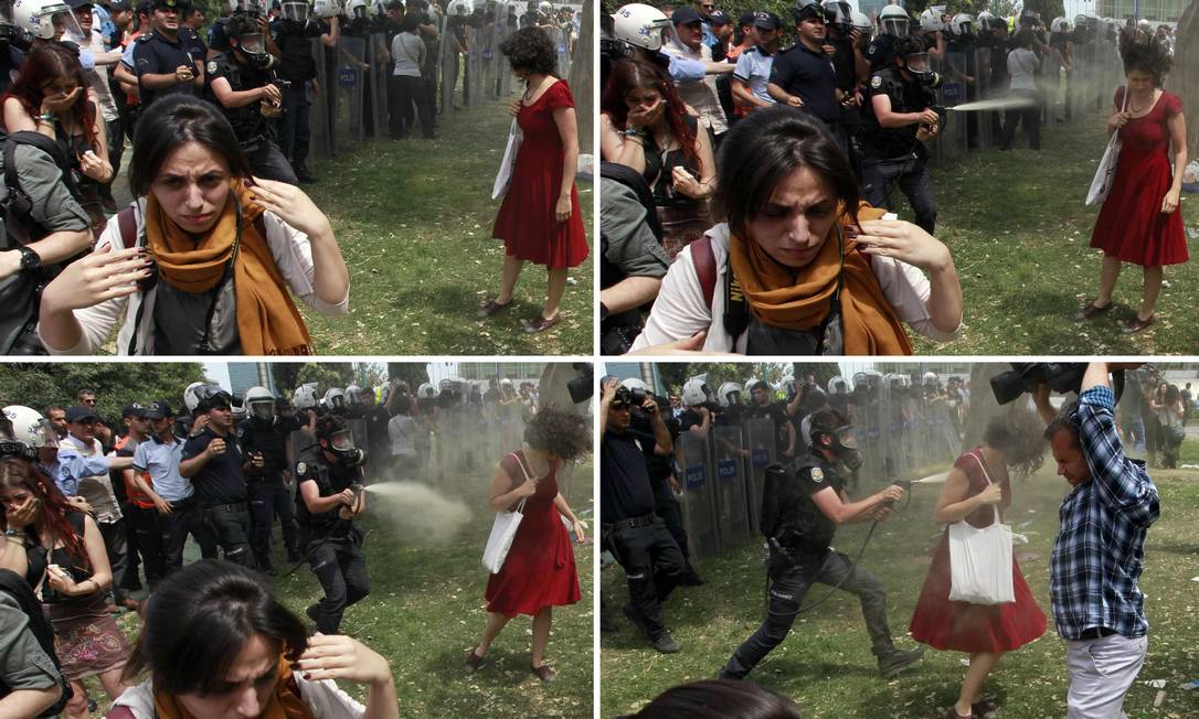 
Combinação de fotos mostra uma manifestante sendo atacada com jato de gás lacrimogêneo
Foto: OSMAN ORSAL / REUTERS