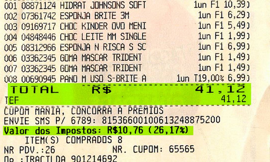 No destaque, o valor total e o quanto foi pago em impostos são descriminados em nota do Carrefour Foto: Reprodução