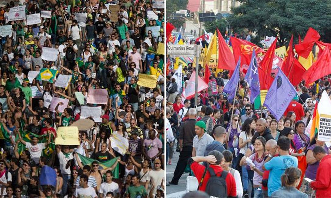 
Sem e com partido: bandeiras e carro de som marcam diferença entre os protestos de junho e os de hoje
Foto: AP e Eliária Andrade (O GLOBO)