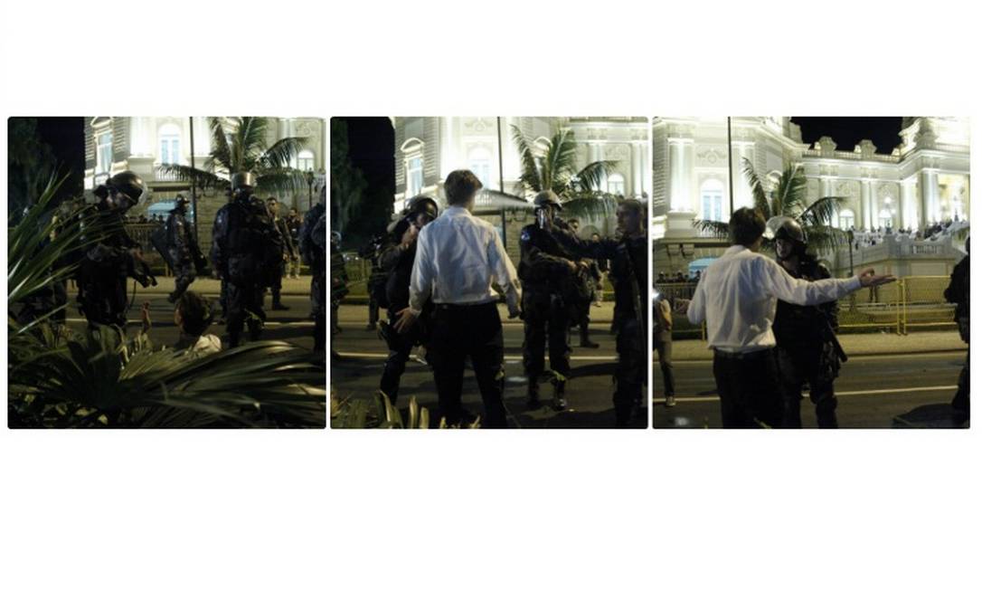 Sequência de imagens feitas durante manifestação no Palácio Guanabara, na quinta-feira. Na imagem, um manifestante é atingido por gás de pimenta por PM após discussão Foto: Pedro Kirilos / O Globo
