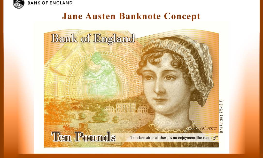 
Conceito da cédula com a imagem de Jane Austen foi divulgada nesta quarta-feira pelo Banco da Inglaterra
Foto: Banco da Inglaterra (via Bloomberg)