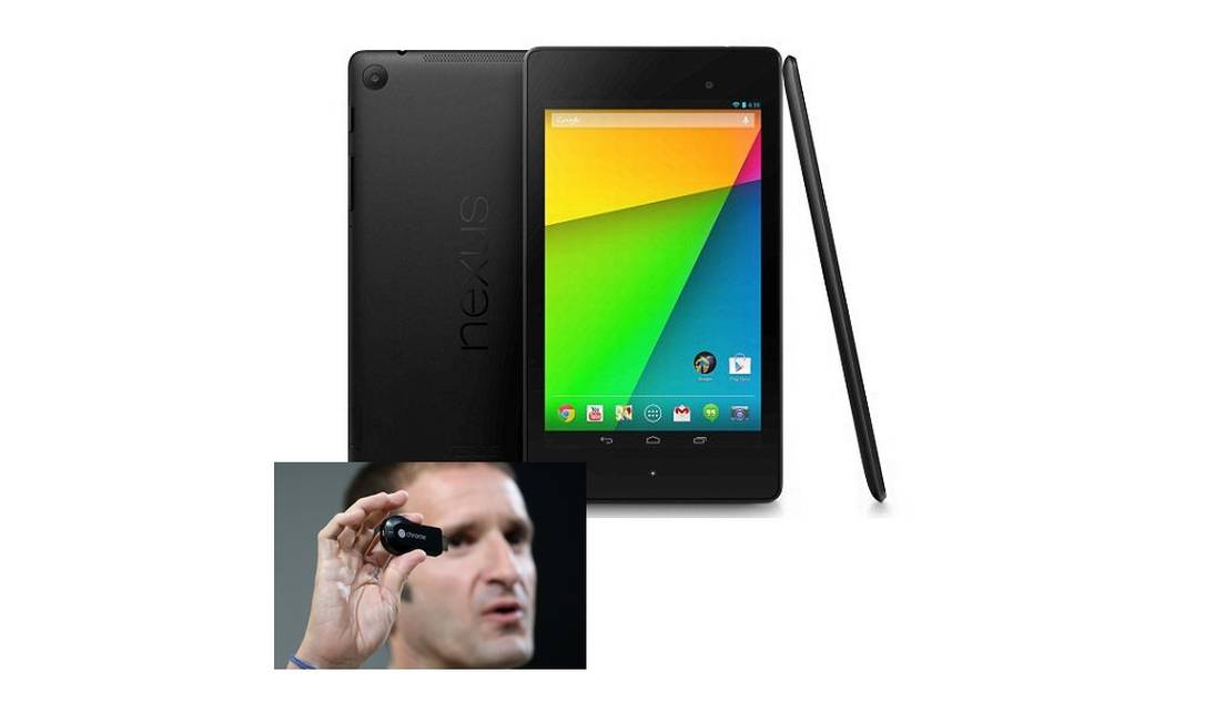 
O novo tablet Nexus 7 e o pequeno dongle que encantou a plateia, o Chromecast
Foto: Reprodução