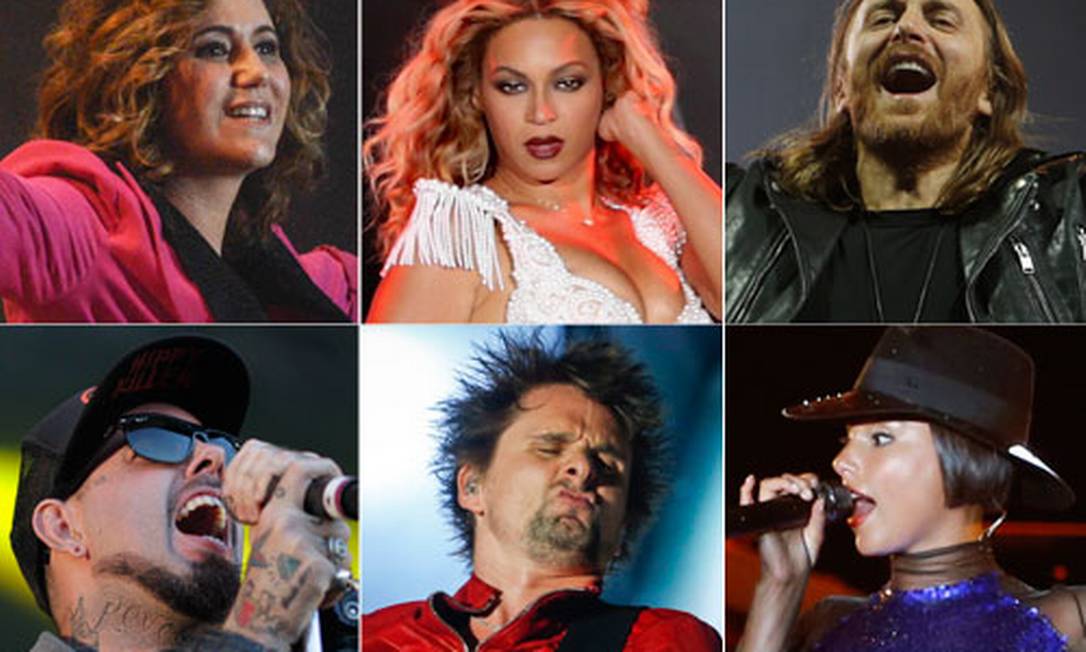 Maria Rita, David Guetta, Beyoncé, Matt, Tico Santa Cruz e Alicia Foto: Reprodução sobre fotos da Agência O Globo