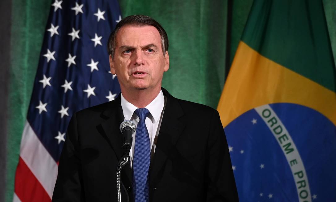 Bolsonaro discurso na Câmara de Comércio dos EUA, na noite de segunda Foto: ERIN SCOTT / REUTERS/18-3-2019