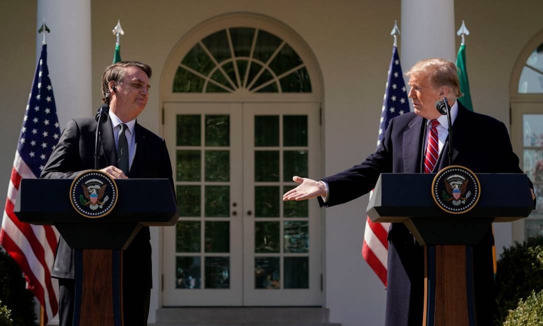 Os presidentes do Brasil, Jair Bolsonaro, e dos EUA, Donald Trump, em entrevista coletiva na Casa Branca Foto: KEVIN LAMARQUE / REUTERS 19-03-2019