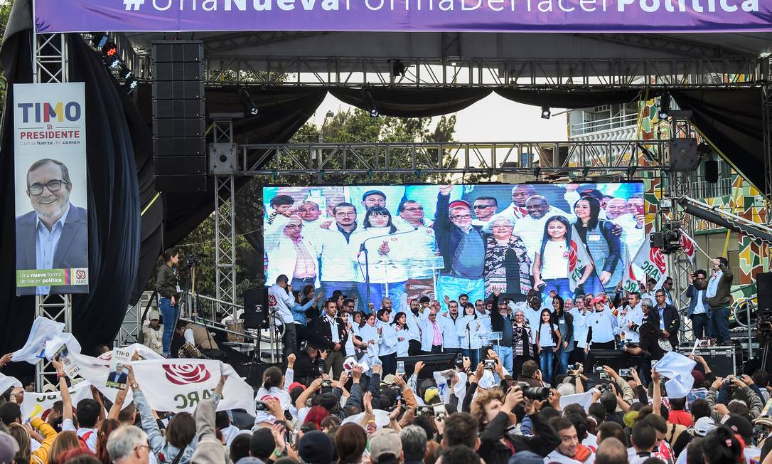 Comício da campanha eleitoral de 2018 da Força Alternativa Revolucionária do Comum, o partido político formado pelas Farc após o acordo de 2016 Foto: RAUL ARBOLEDA / AFP/27-1-2018