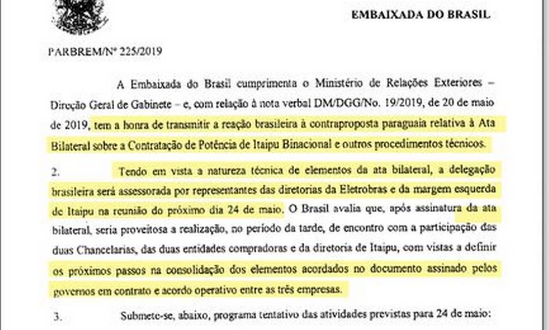 Telegrama diplomático de 22 de maio no qual o Brasil informa que levará técnicos para a reunião: chancelaria do Paraguai não informou diretoria de empresa estatal Foto: Reprodução ABC Color