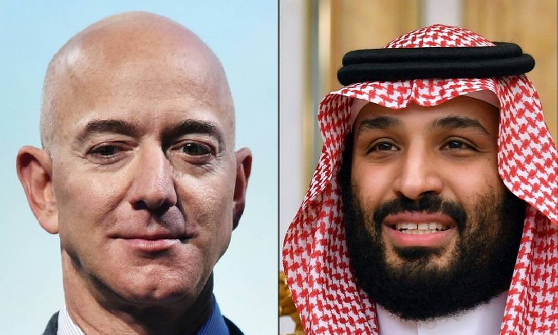 O fundador da Amazon, Jeff Bezos, e o príncípe herdeiro saudita Mohammed bin Salman Foto: MANDEL NGAN / AFP