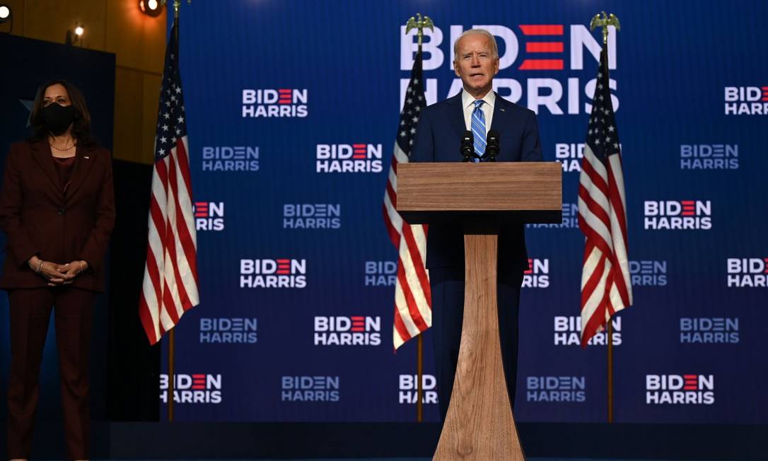 O candidato democrata à Presidência Joe Biden em discurso concendido na tarde desta quarta-feira Foto: JIM WATSON / AFP