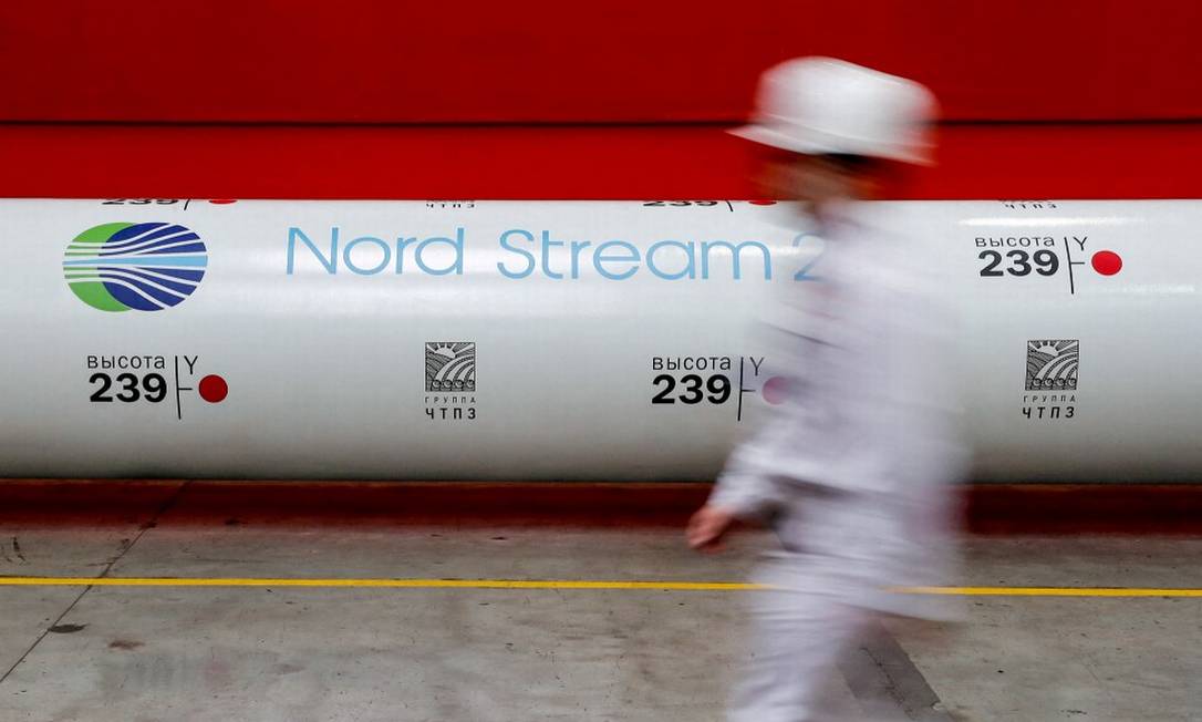 Logo do gasoduto Nord Stream 2 em canos na regiãos de Chelyabinsk, na Rússia Foto: Maxim Shemetov / REUTERS