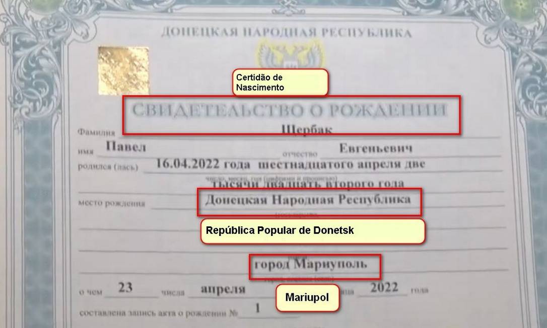 Certidão de nascimento de bebê que nasceu em Mariupol e foi registrado como tendo nacionalidade de Estado-satélite da Rússia