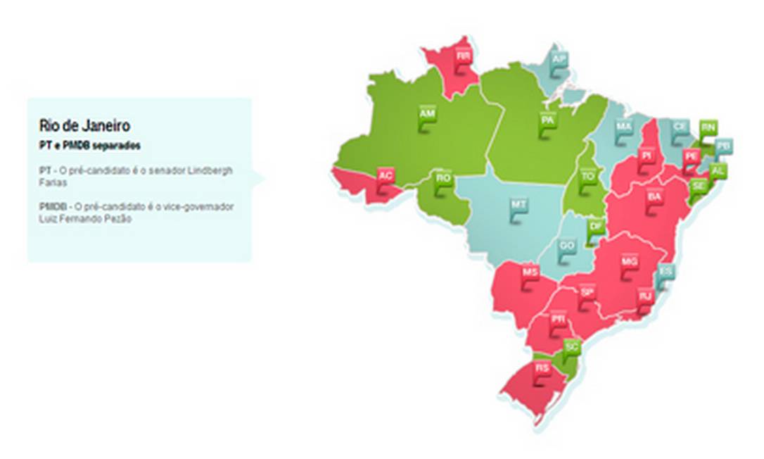 O mapa das alianças entre o PT e o PMDB Foto: O Globo / Criação