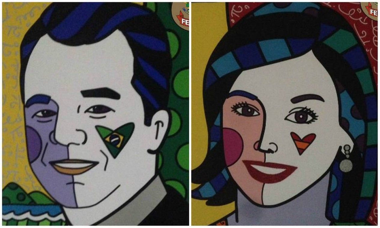 Quadros com os rostos de Sergio Cabral e sua mulher, Adriana Ancelmo, produzidos por Romero Britto Foto: Montagem sobre reproduções