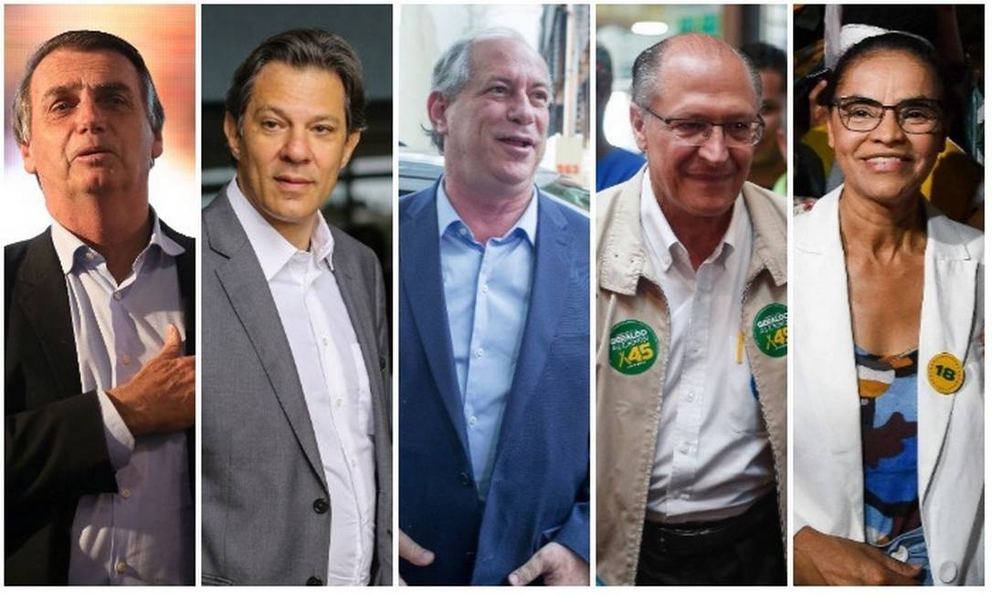 Os candidatos Jair Bolsonaro (PSL), Fernando Haddad (PT), Ciro Gomes (PDT), Geraldo Alckmin (PSDB) e Marina Silva (Rede) Foto: Arquivo O GLOBO