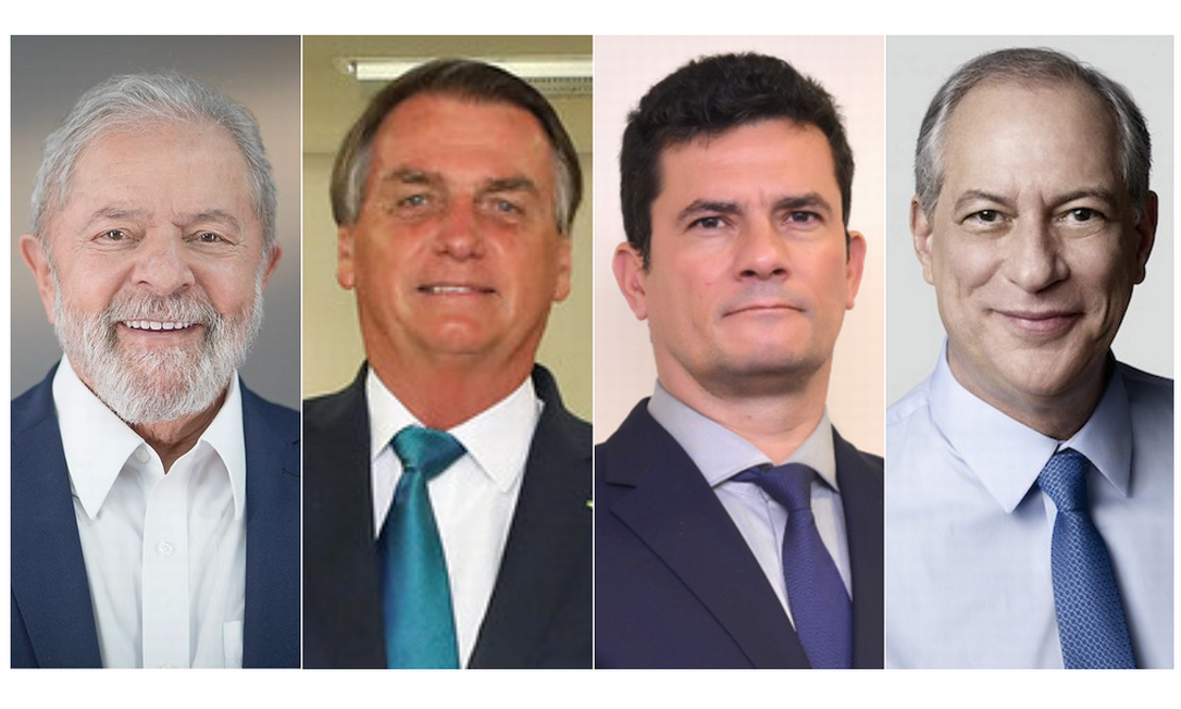 Os pré-candidatos à Presidência Lula (PT), Bolsonaro (PL), Moro (Podemos) e Ciro (PDT) Foto: Arquivo