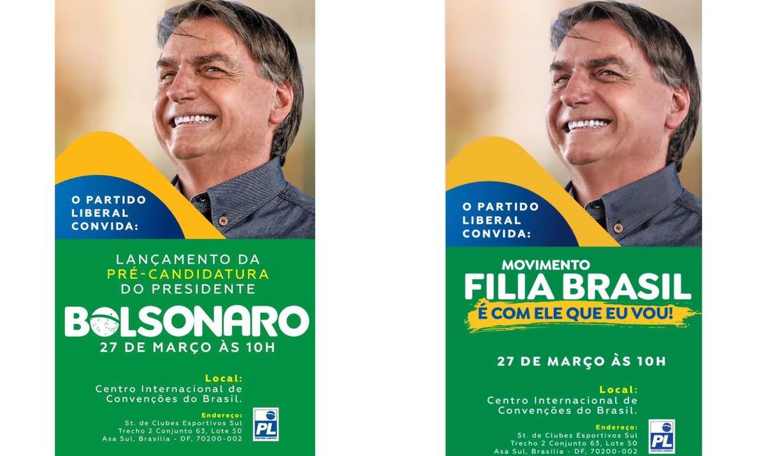 PL mudou cartaz de divulgação do evento de lançamento da pré-candidatura de Bolsonaropela possibilidade de violação à lei eleitoral Foto: Reprodução