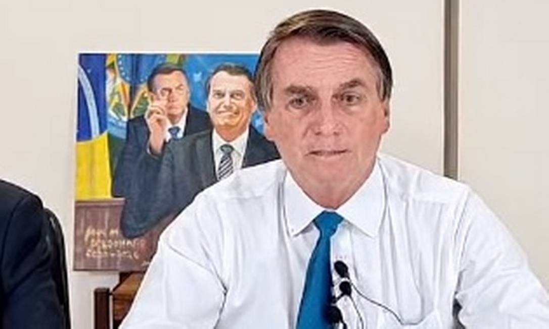 Quadro em homenagem ao presidente, de Lucimary Bilhart, foi exibido por Bolsonaro em sua live, em 17 de março deste ano Foto: Reprodução