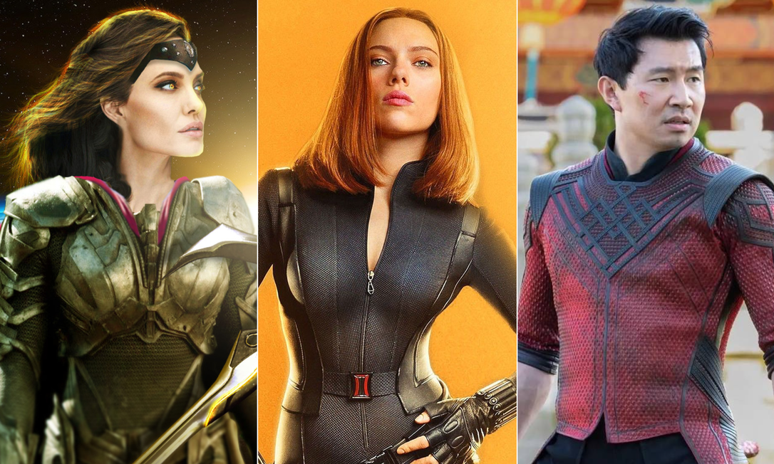 Filmes com super-heróis em 2021: da esquerda para a direita, Angelina Jolie, em "Eternos"; Scarlet Johansson, em "Viúva negra"; e Simu Liu, em "Shang-Chi e a lenda dos dez anéis" Foto: Divulgação