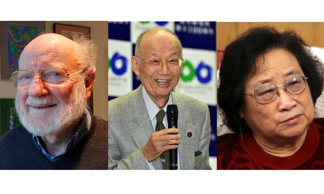 Vencedores do Prêmio Nobel de Medicina de 2015; da esquerda para a direita, o irlandês William Campbell, o japonês Satoshi Omura, e, da China, a pesquisadora Youyou Tu Foto: AFP e Reuters